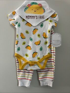 Kyle & Deena | White Yellow Taco & Avocado 3-Piece Set Onesie, Bib & Pants 0-3M